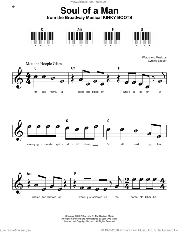 Soul Of A Man (from Kinky Boots) sheet music for piano solo by Cynthia Lauper, beginner skill level