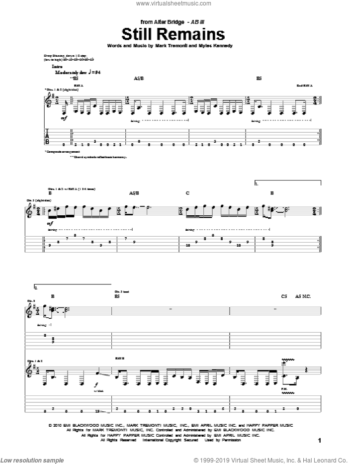 Still Remains sheet music for guitar (tablature) by Alter Bridge, Mark Tremonti and Myles Kennedy, intermediate skill level