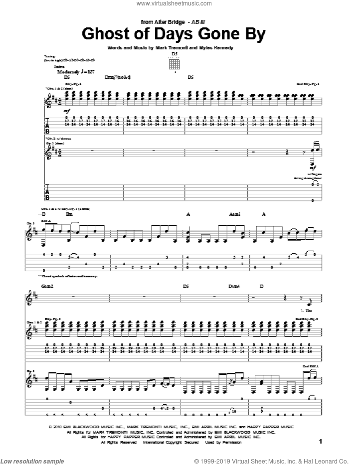 Ghost Of Days Gone By sheet music for guitar (tablature) by Alter Bridge, Mark Tremonti and Myles Kennedy, intermediate skill level