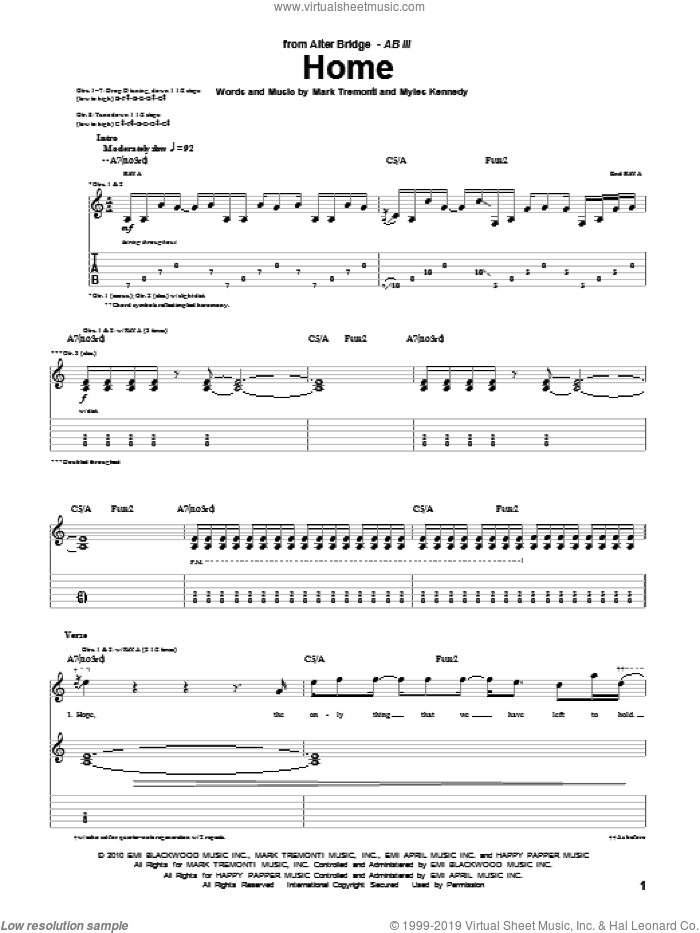 Home sheet music for guitar (tablature) by Alter Bridge, Mark Tremonti and Myles Kennedy, intermediate skill level