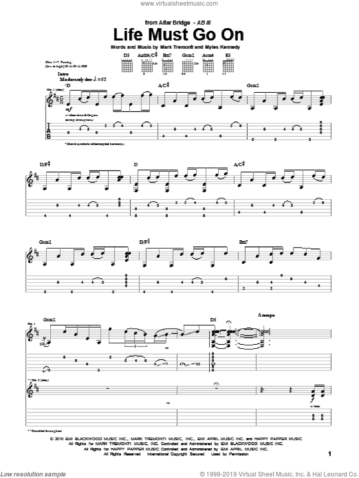 Life Must Go On sheet music for guitar (tablature) by Alter Bridge, Mark Tremonti and Myles Kennedy, intermediate skill level