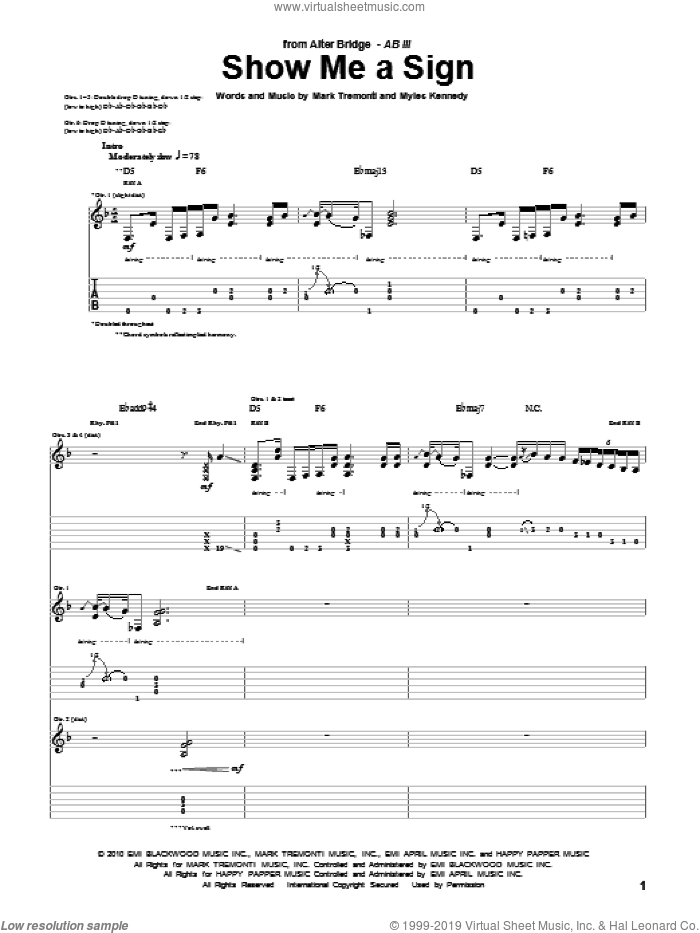 Show Me A Sign sheet music for guitar (tablature) by Alter Bridge, Mark Tremonti and Myles Kennedy, intermediate skill level