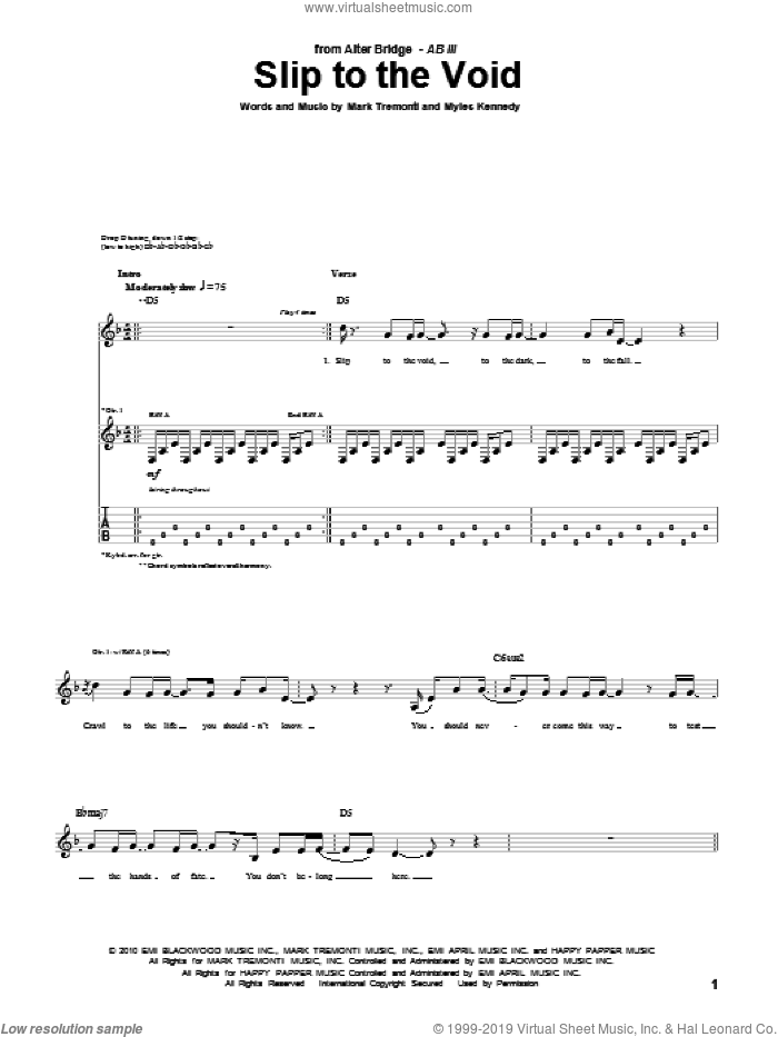 Slip To The Void sheet music for guitar (tablature) by Alter Bridge, Mark Tremonti and Myles Kennedy, intermediate skill level