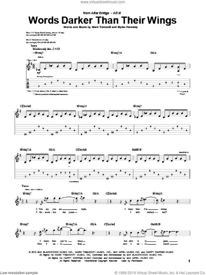 Words Darker Than Their Wings sheet music for guitar (tablature) by Alter Bridge, Mark Tremonti and Myles Kennedy, intermediate skill level