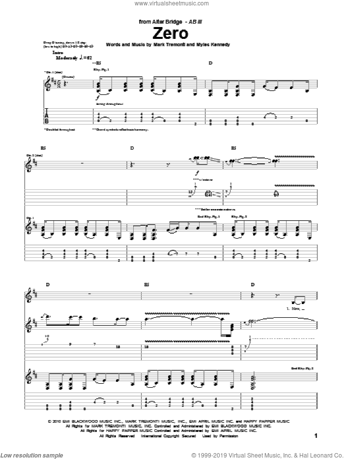 Zero sheet music for guitar (tablature) by Alter Bridge, Mark Tremonti and Myles Kennedy, intermediate skill level