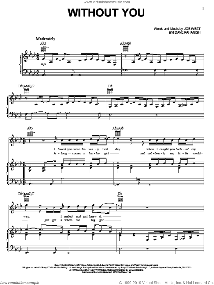 Without You sheet music for voice, piano or guitar by Keith Urban, Dave Pahanish and Joe West, intermediate skill level
