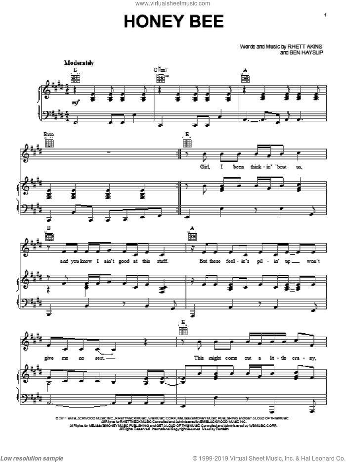 Honey Bee sheet music for voice, piano or guitar by Blake Shelton, Ben Hayslip and Rhett Akins, intermediate skill level