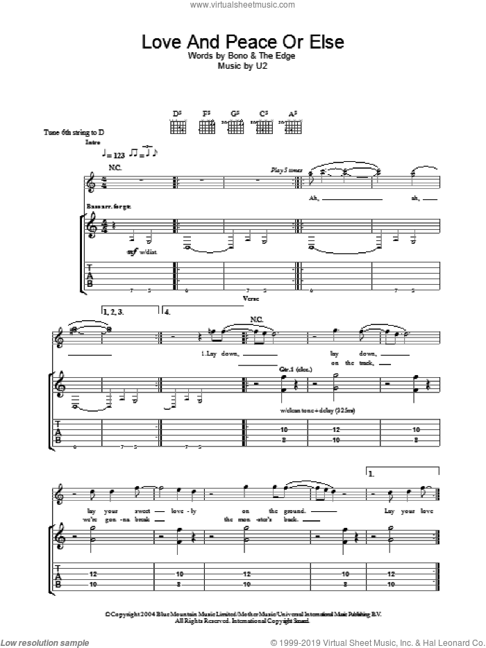 Love And Peace Or Else sheet music for guitar (tablature) by U2, Bono and The Edge, intermediate skill level