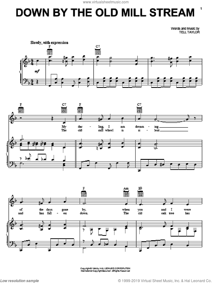 Down By The Old Mill Stream sheet music for voice, piano or guitar by Tell Taylor, intermediate skill level