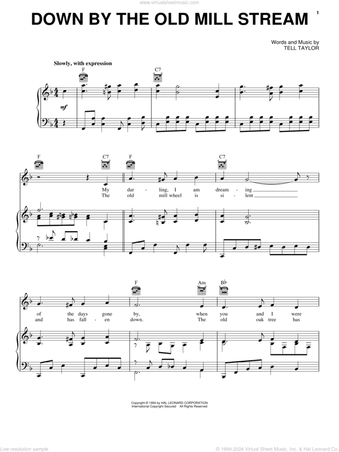 Down By The Old Mill Stream sheet music for voice, piano or guitar by Tell Taylor, intermediate skill level