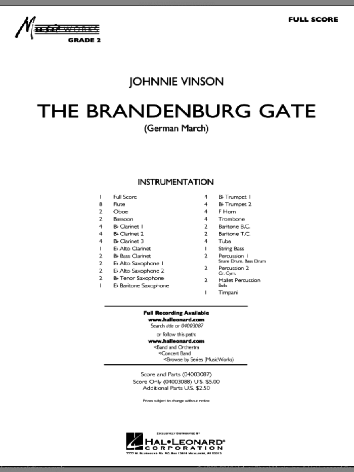 The Brandenburg Gate (German March) (COMPLETE) sheet music for concert band by Johnnie Vinson, intermediate skill level