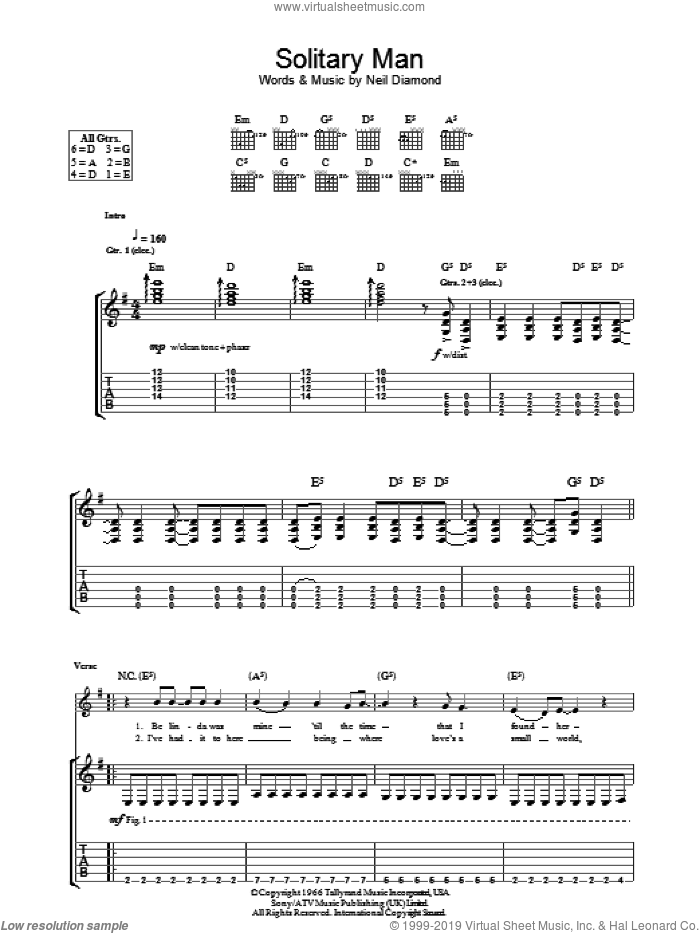 Solitary Man sheet music for guitar (tablature) by Neil Diamond, HIM and Johnny Cash, intermediate skill level