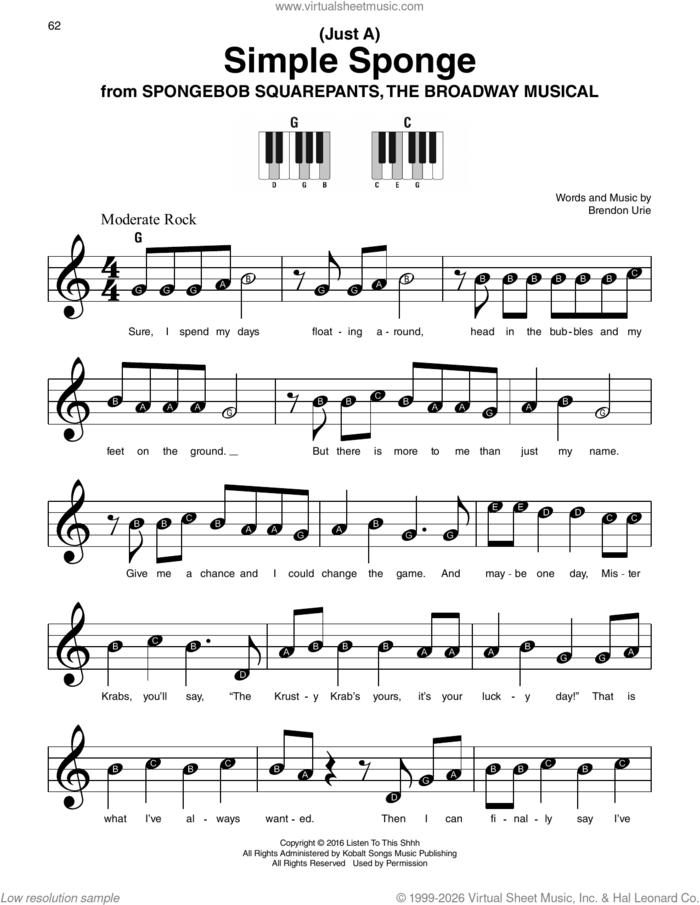 (Just A) Simple Sponge (from Spongebob Squarepants: The Broadway Musical) sheet music for piano solo by Brendon Urie, beginner skill level