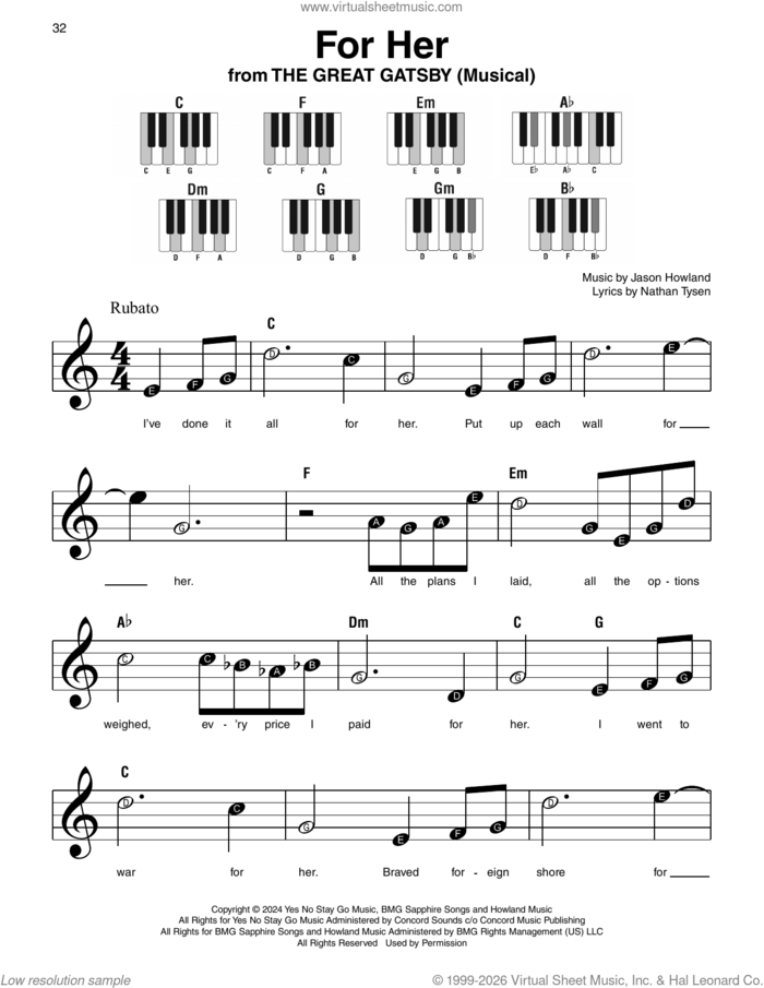 For Her (from The Great Gatsby) sheet music for piano solo by Nathan Tysen, Jason Howland and Kait Kerrigan, beginner skill level