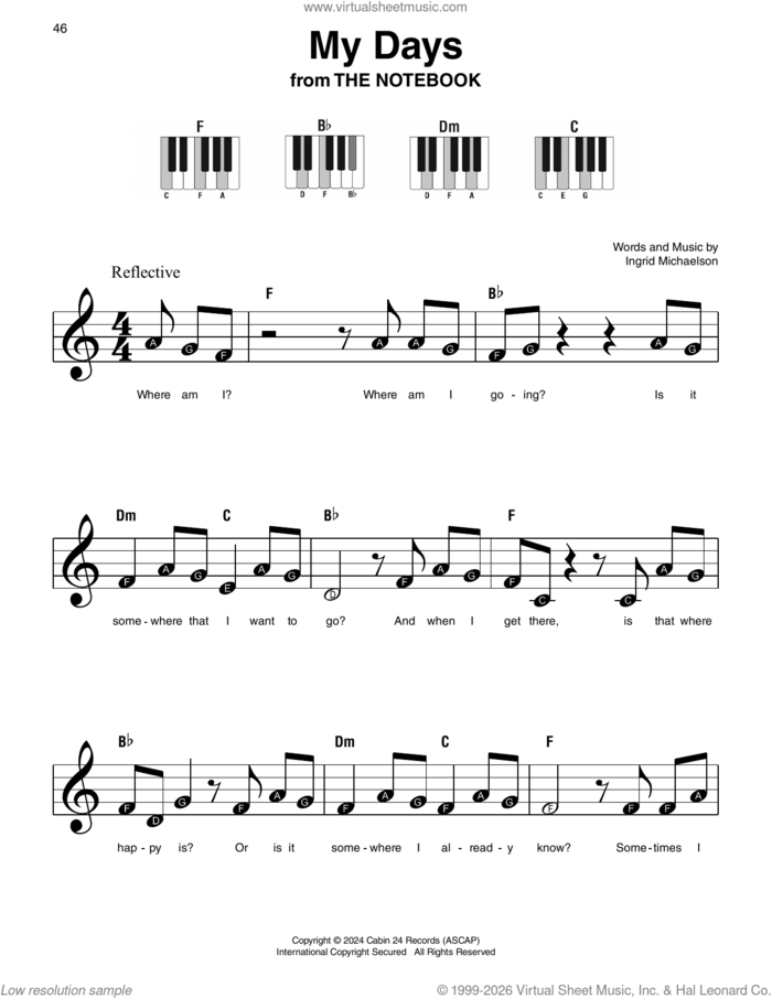 My Days (from The Notebook), (beginner) sheet music for piano solo by Ingrid Michaelson, beginner skill level