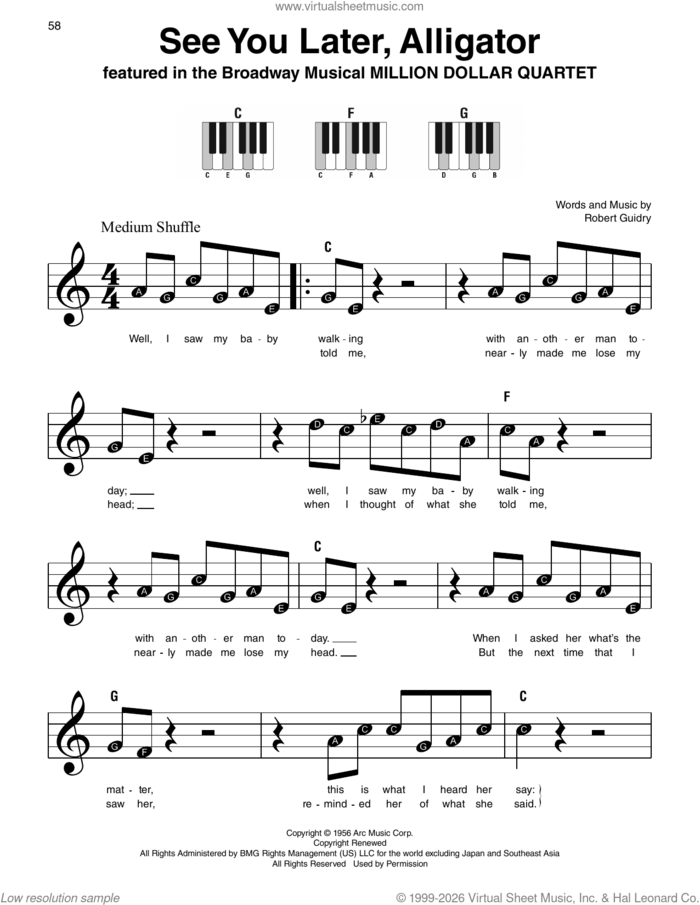 See You Later, Alligator sheet music for piano solo by Bill Haley & His Comets and Robert Guidry, beginner skill level