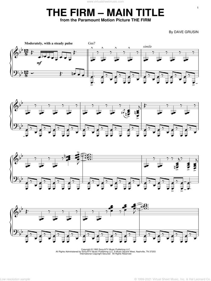 The Firm - Main Title sheet music for piano solo by Dave Grusin, intermediate skill level