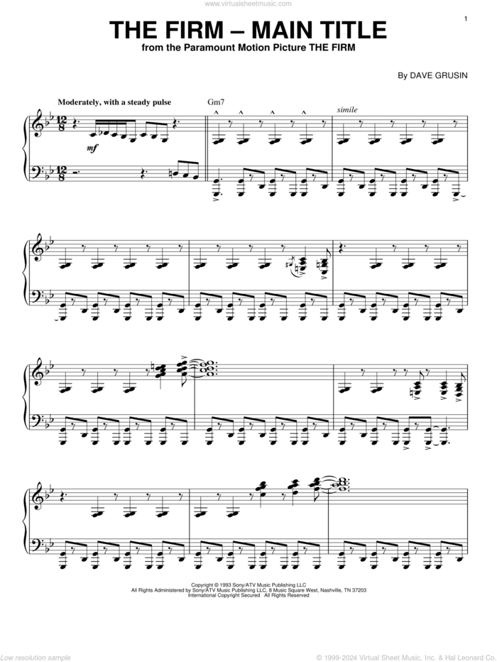 The Firm - Main Title sheet music for piano solo by Dave Grusin, intermediate skill level