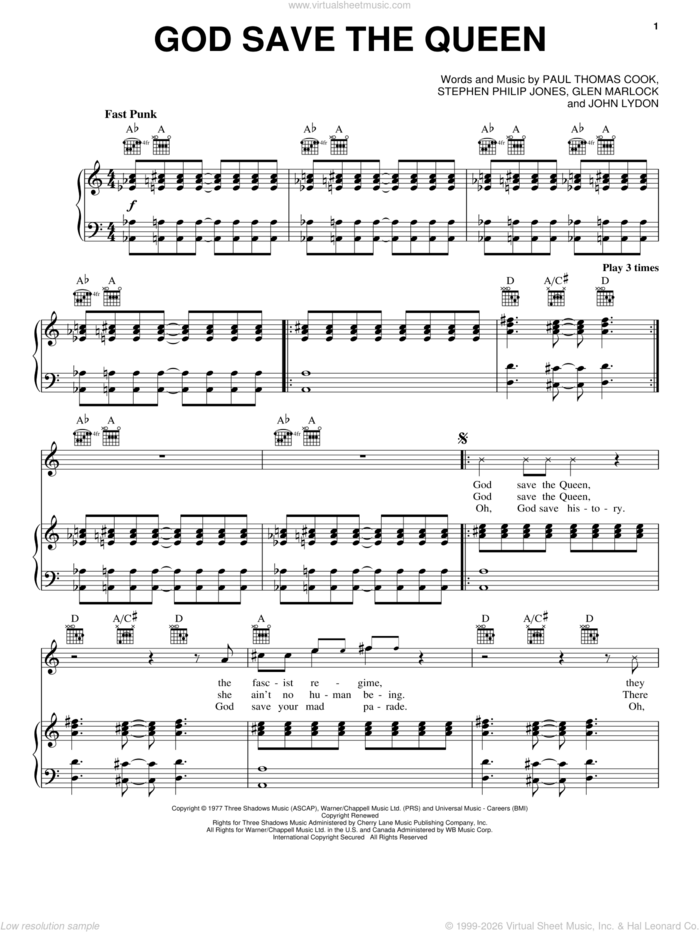 God Save The Queen sheet music for voice, piano or guitar by Sex Pistols, Glen Matlock, John Lydon, Paul Thomas Cook and Steve Jones, intermediate skill level