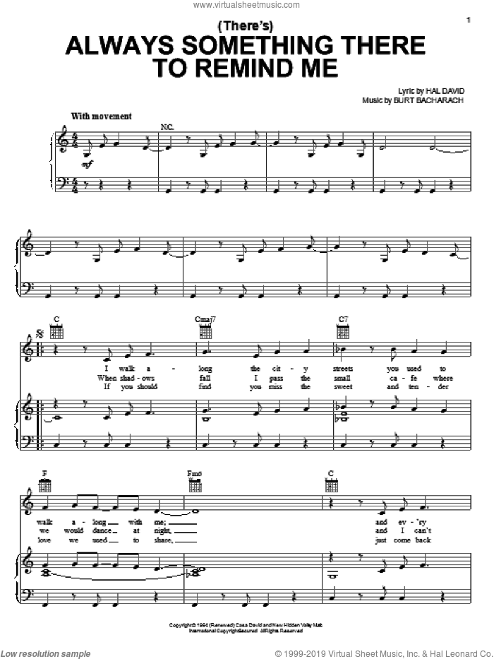 (There's) Always Something There To Remind Me sheet music for voice, piano or guitar by Bacharach & David, Burt Bacharach, Dionne Warwick and Hal David, intermediate skill level