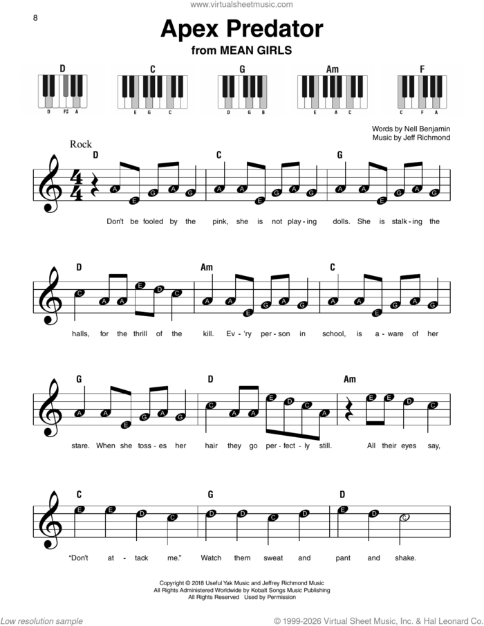 Apex Predator (from Mean Girls: The Broadway Musical), (beginner) sheet music for piano solo by Nell Benjamin, Jeff Richmond and Jeff Richmond & Nell Benjamin, beginner skill level