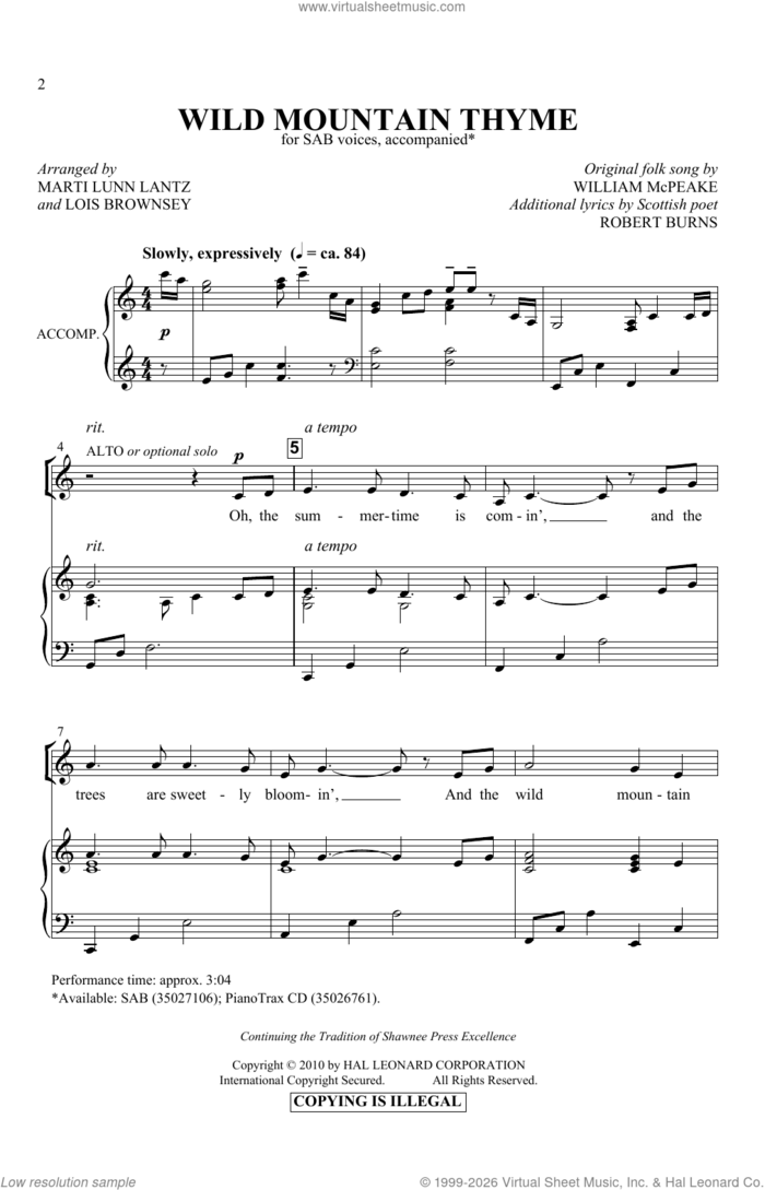 Wild Mountain Thyme sheet music for choir (SAB: soprano, alto, bass) by Robert Burns, Lois Brownsey, Marti Lunn Lantz, Marti Lunn Lantz & Lois Brownsey and William McPeake, intermediate skill level
