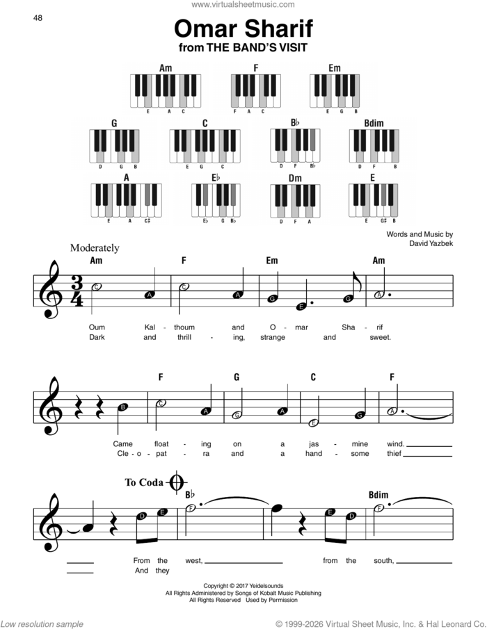 Omar Sharif (from The Band's Visit) sheet music for piano solo by David Yazbek, beginner skill level