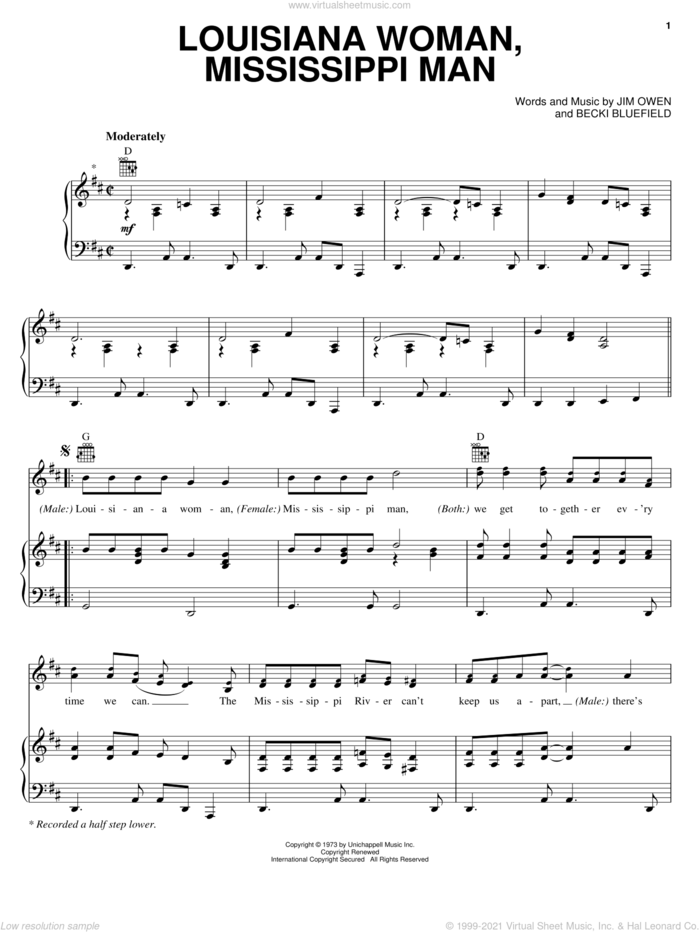 Louisiana Woman, Mississippi Man sheet music for voice, piano or guitar by Loretta Lynn, Conway Twitty, Becki Bluefield and Jim Owen, intermediate skill level