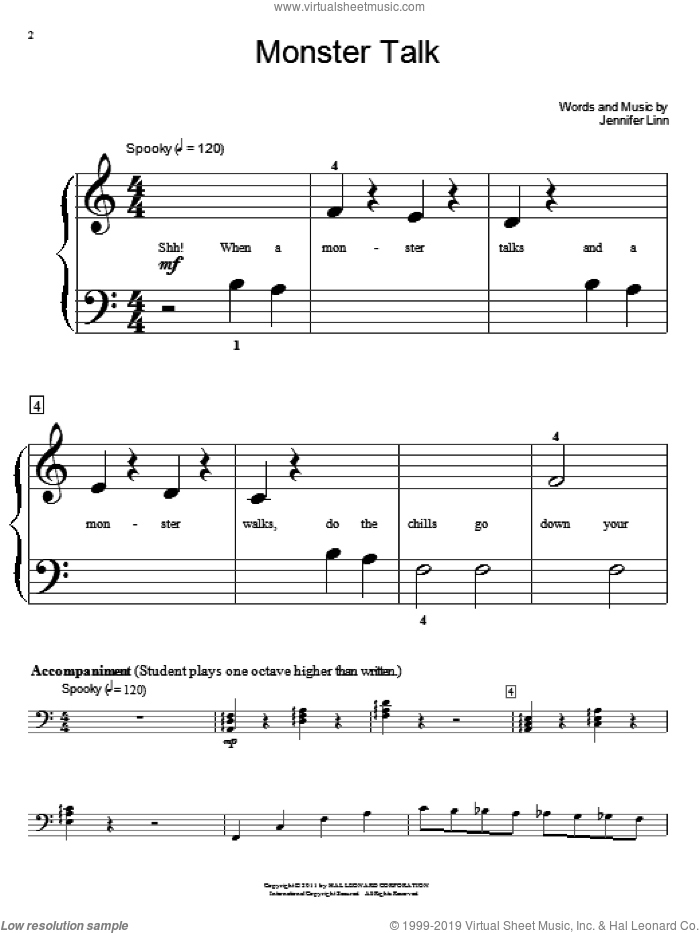 Monster Talk sheet music for piano solo (elementary) by Jennifer Linn, beginner piano (elementary)