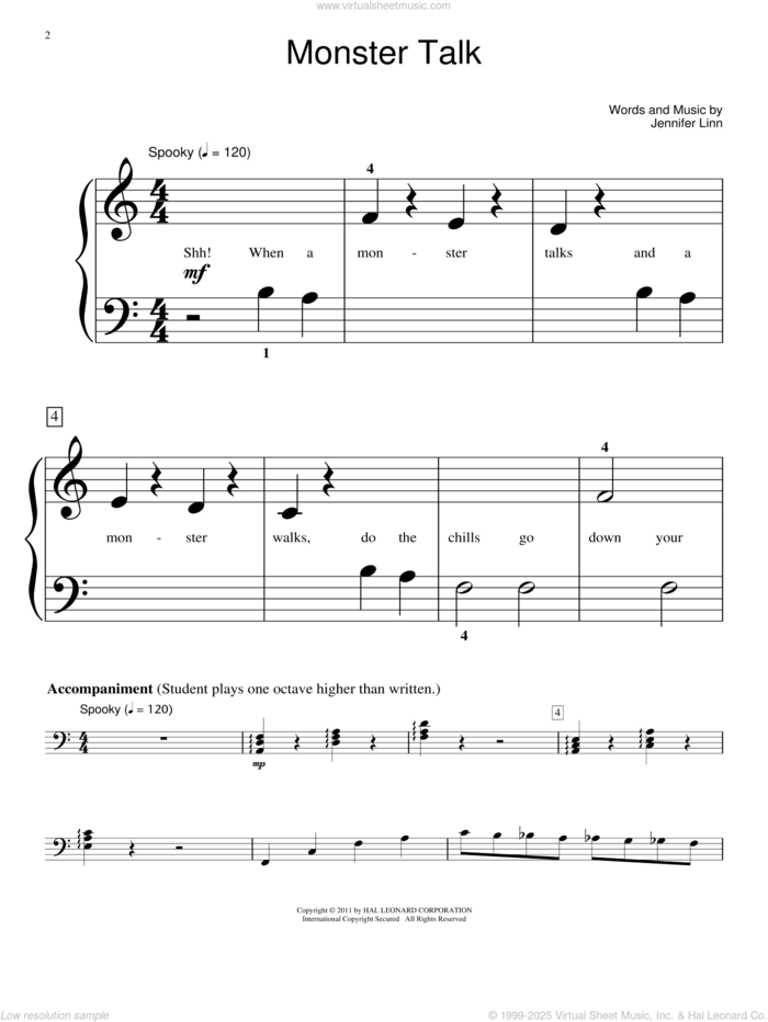 Monster Talk sheet music for piano solo (elementary) by Jennifer Linn, beginner piano (elementary)