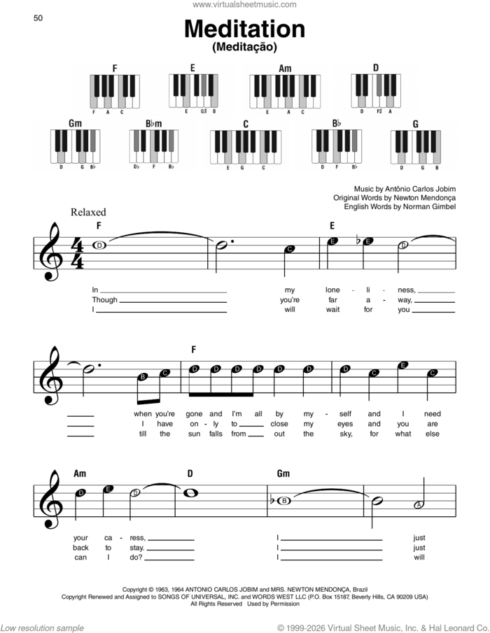 Meditation (MeditacA�o) sheet music for piano solo by Norman Gimbel, AntA'nio Carlos Jobim and Newton Mendonca, beginner skill level
