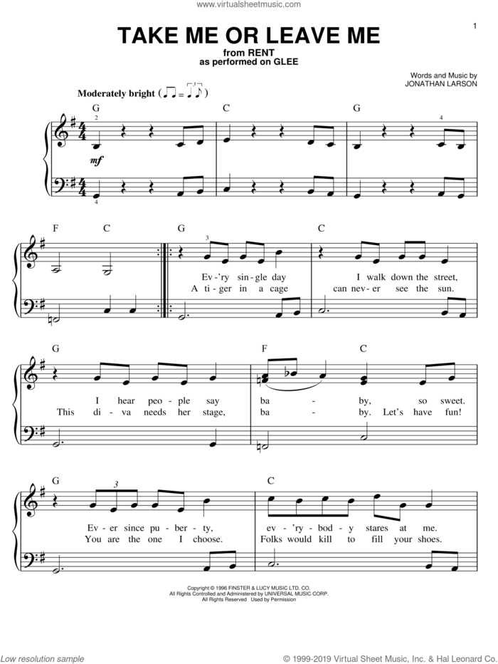 Take Me Or Leave Me sheet music for piano solo by Glee Cast, Miscellaneous, Rent (Musical) and Jonathan Larson, easy skill level