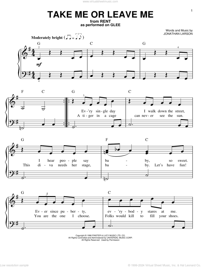 Take Me Or Leave Me sheet music for piano solo by Glee Cast, Miscellaneous, Rent (Musical) and Jonathan Larson, easy skill level