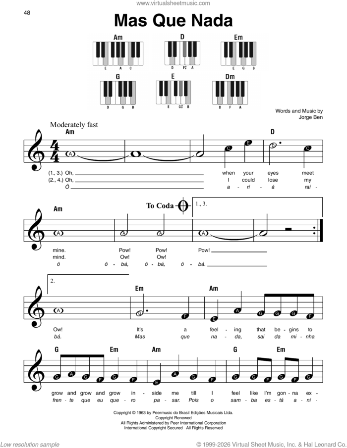 Mas Que Nada sheet music for piano solo by Jorge Ben and Sergio Mendes, beginner skill level