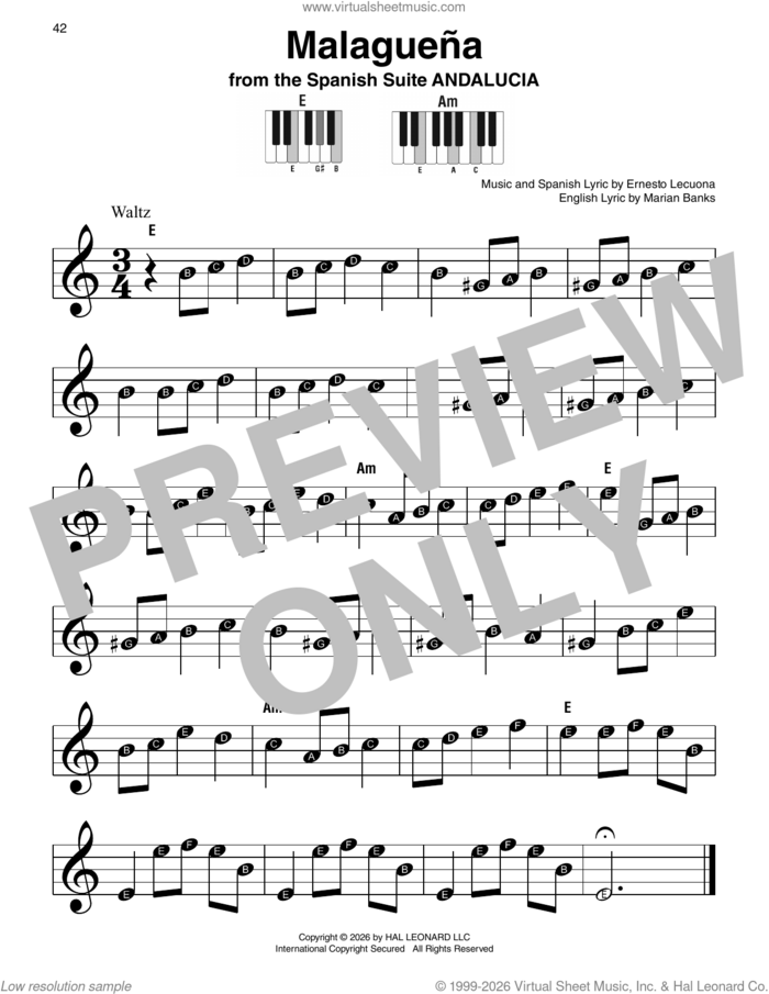 Malaguena, (beginner) sheet music for piano solo by Ernesto Lecuona and Marian Banks, beginner skill level