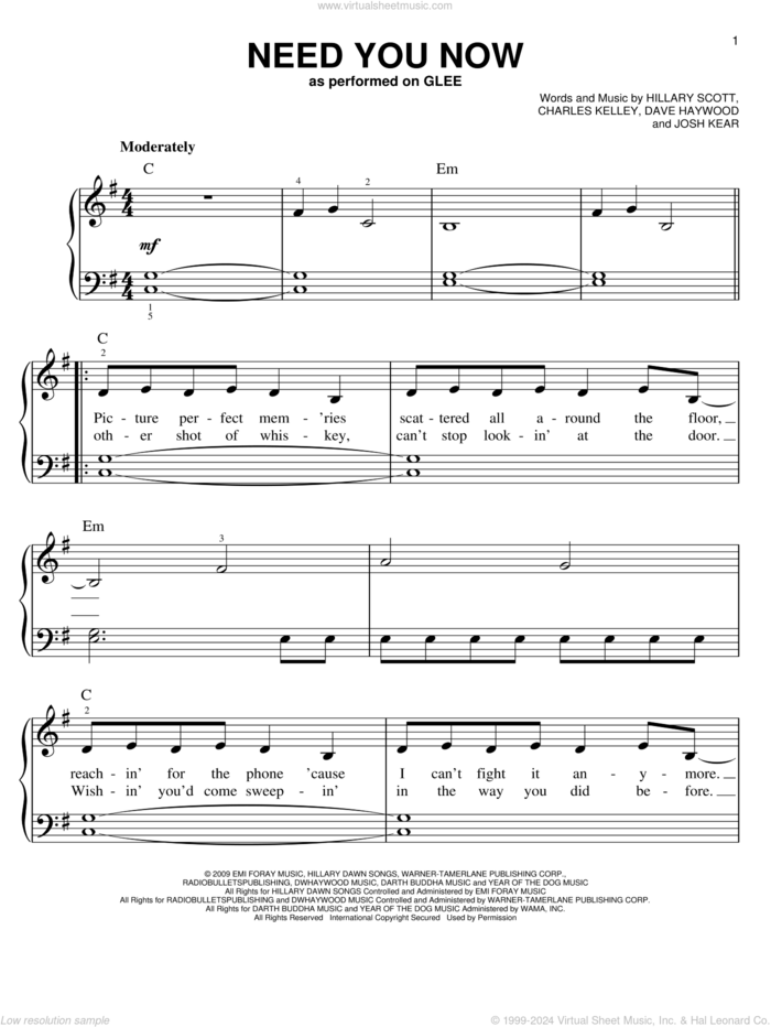 Need You Now sheet music for piano solo by Glee Cast, Lady A, Lady Antebellum, Miscellaneous, Charles Kelley, Dave Haywood, Hillary Scott and Josh Kear, easy skill level