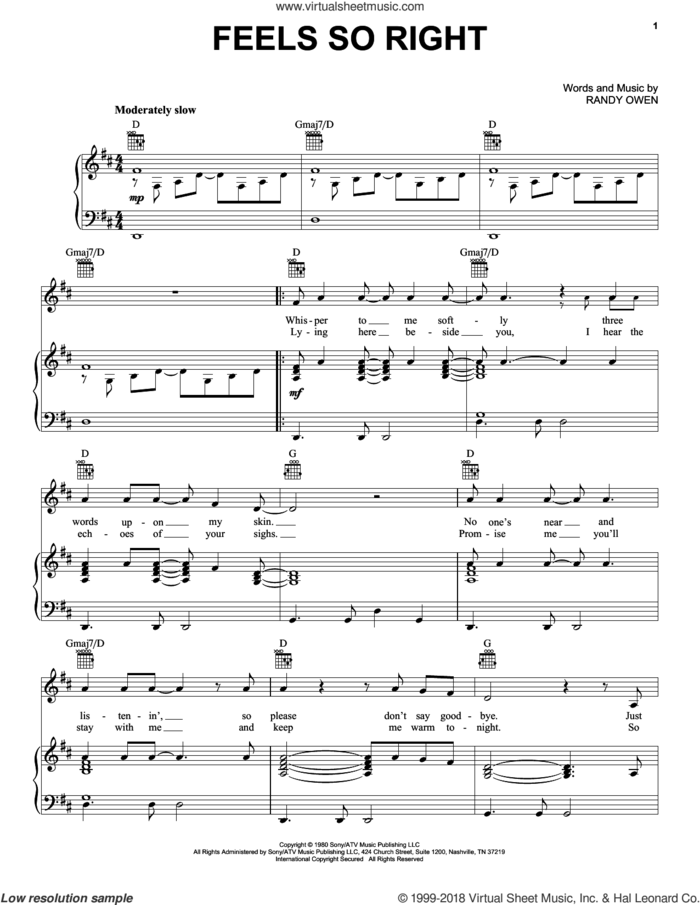 Feels So Right sheet music for voice, piano or guitar by Alabama and Randy Owen, intermediate skill level