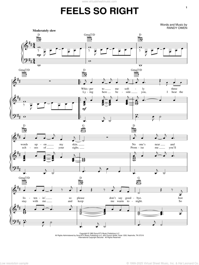 Feels So Right sheet music for voice, piano or guitar by Alabama and Randy Owen, intermediate skill level