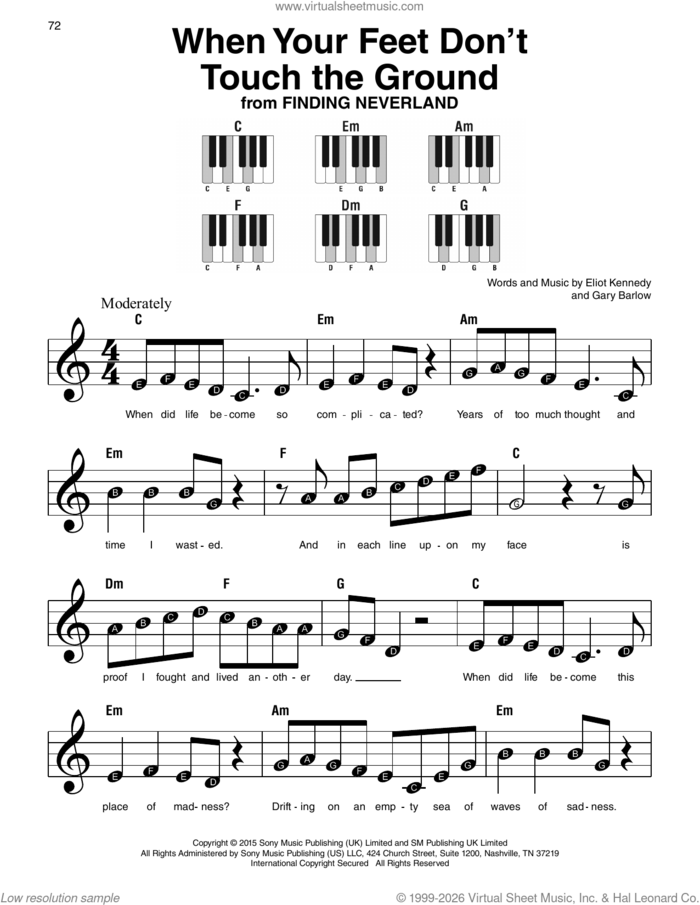 When Your Feet Don't Touch The Ground (from Finding Neverland) sheet music for piano solo by Eliot Kennedy and Gary Barlow, beginner skill level