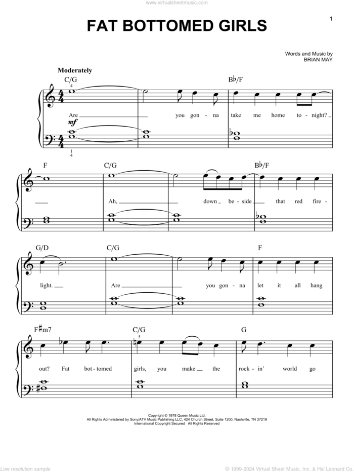 Fat Bottomed Girls sheet music for piano solo by Glee Cast, Miscellaneous, Queen and Brian May, easy skill level