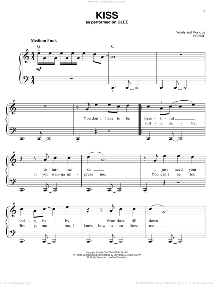 Kiss sheet music for piano solo by Glee Cast, Miscellaneous and Prince, easy skill level