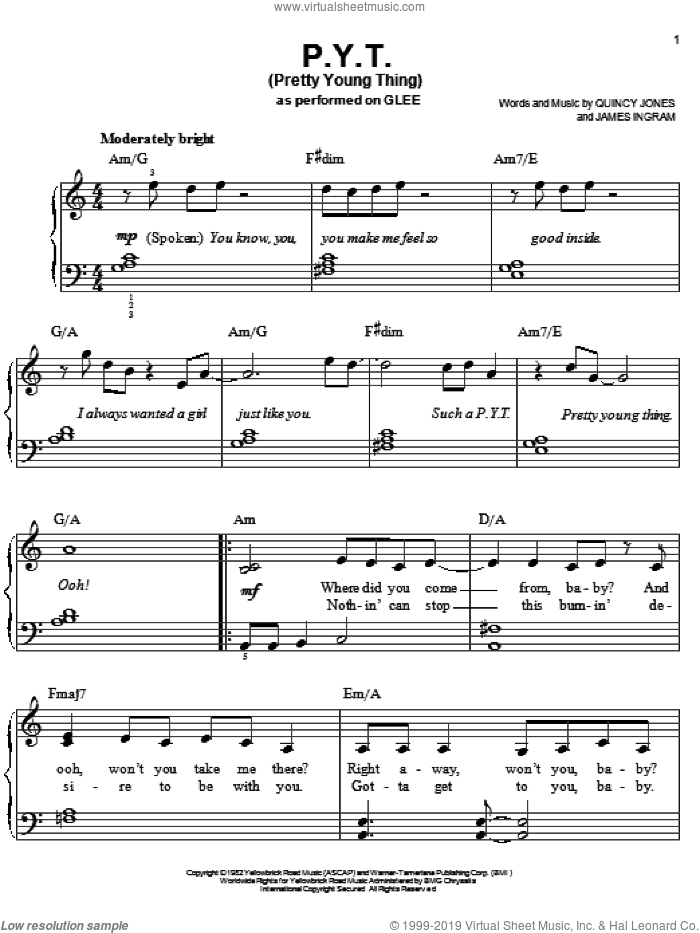 P.Y.T. (Pretty Young Thing) sheet music for piano solo by Quincy Jones, Glee Cast, Michael Jackson, Miscellaneous and James Ingram, easy skill level