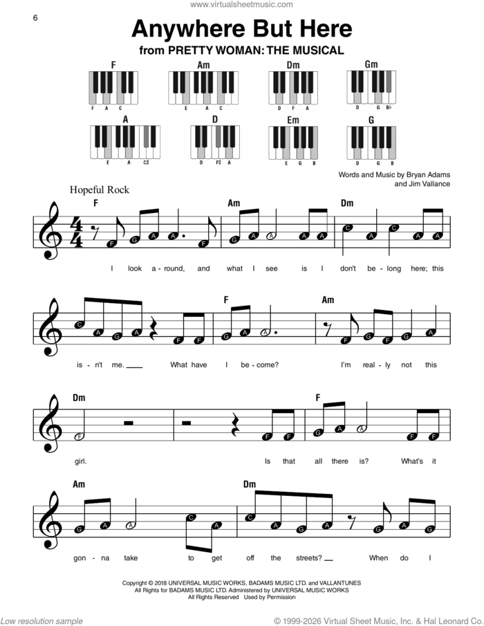 Anywhere But Here (from Pretty Woman: The Musical) sheet music for piano solo by Bryan Adams and Jim Vallance, beginner skill level