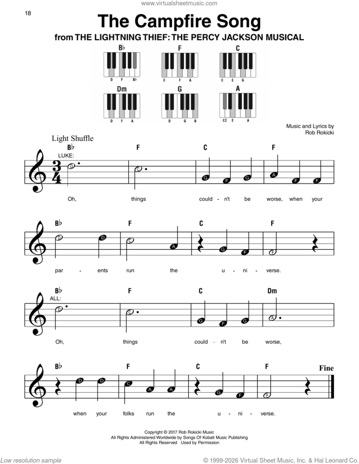 The Campfire Song (from The Lightning Thief: The Percy Jackson Musical) sheet music for piano solo by Rob Rokicki, beginner skill level