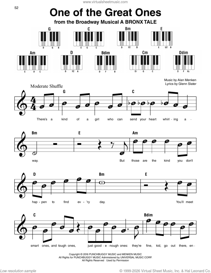 One Of The Great Ones (from A Bronx Tale) sheet music for piano solo by Glenn Slater and Alan Menken, beginner skill level