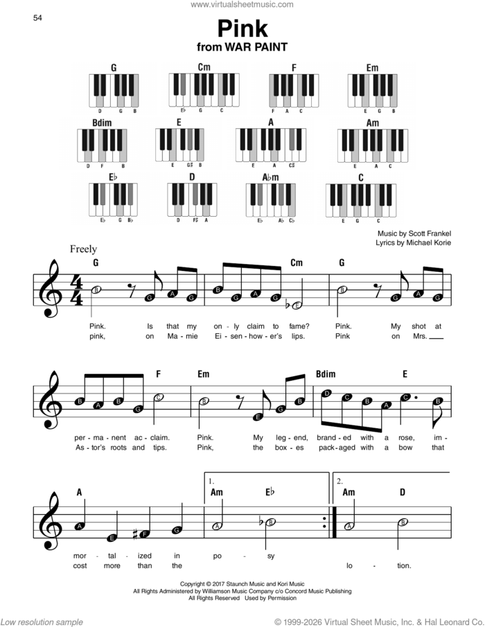 Pink (from War Paint) sheet music for piano solo by Michael Korie and Scott Frankel, beginner skill level