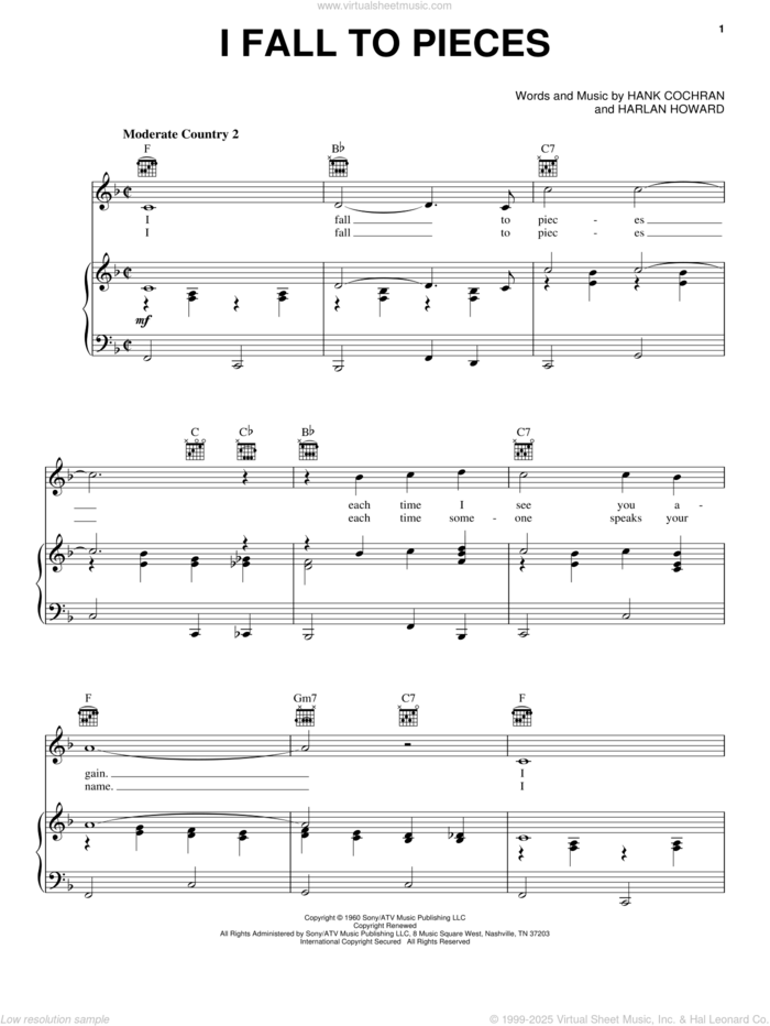 I Fall To Pieces sheet music for voice, piano or guitar by Patsy Cline, Loretta Lynn, Hank Cochran and Harlan Howard, intermediate skill level