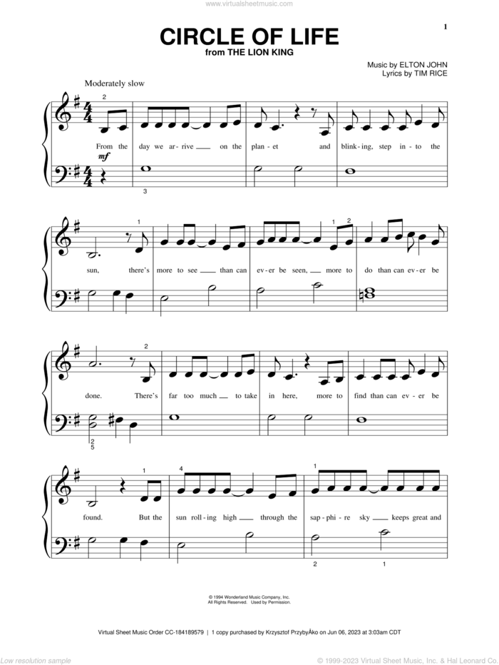 Circle Of Life (from The Lion King), (beginner) (from The Lion King) sheet music for piano solo by Elton John, The Lion King and Tim Rice, beginner skill level