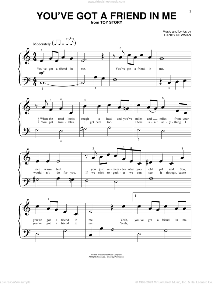 You've Got A Friend In Me (from Toy Story) sheet music for piano solo by Randy Newman and Toy Story (Movie), beginner skill level