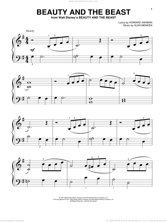 Beauty And The Beast sheet music for piano solo by Alan Menken, Celine Dion & Peabo Bryson, Alan Menken & Howard Ashman and Howard Ashman, beginner skill level